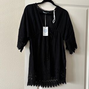 NWT size M Blue Island Black cotton Swim Coverup Tunic with Lace Sleeves